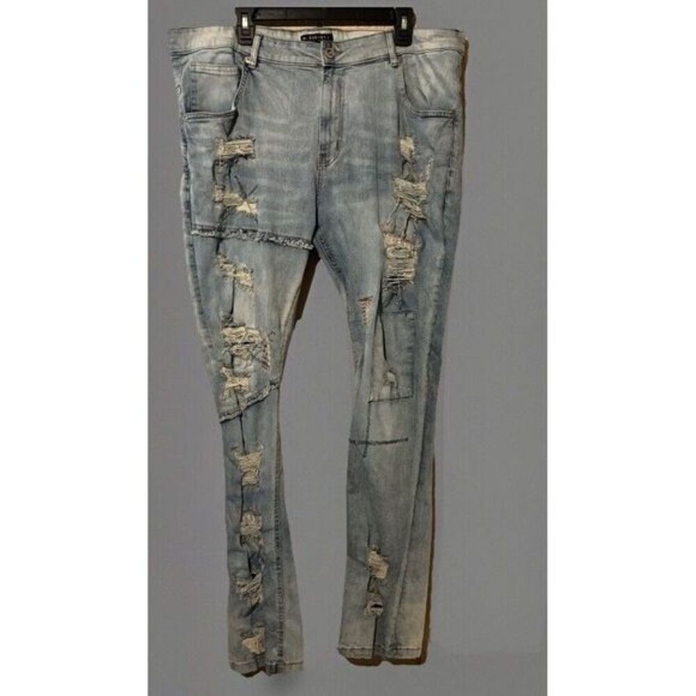 M. Society Politically Incorrect Blue Denim Jeans Mens Sz‎ 40 x 32 Distressed